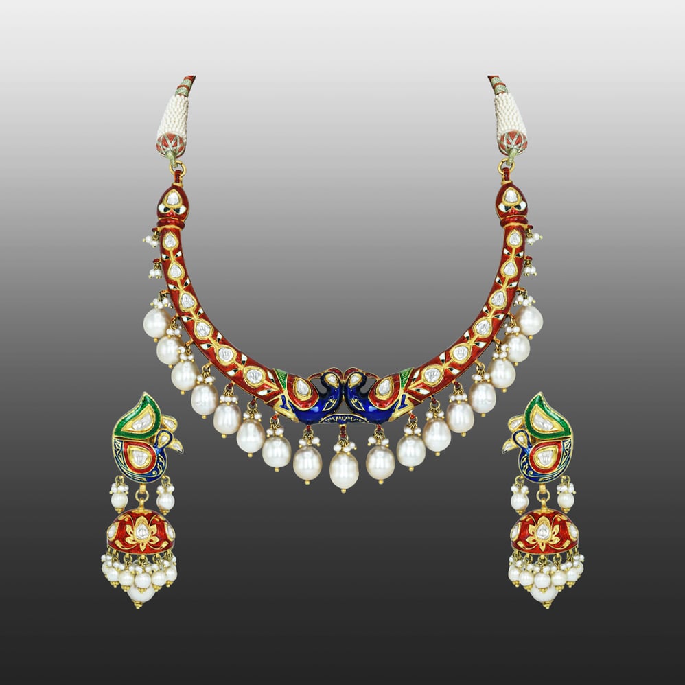 Peacock Motif Enamel Necklace Set with Polki and Pearl Drops